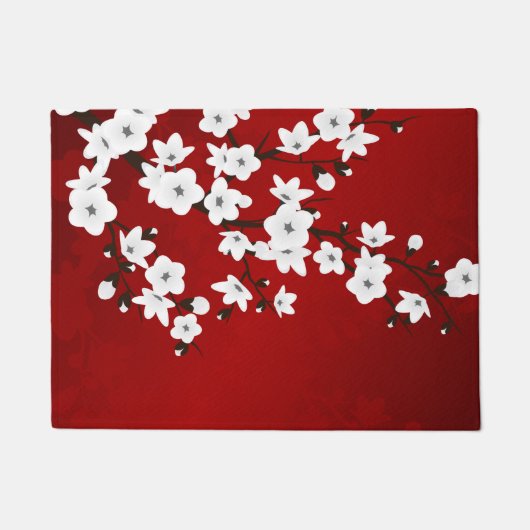 Floral Cherry Blossom Red White Deurmat (Voorkant)