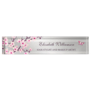 Floral Cherry Blossom roze grijze haar en Makeup Naambordje