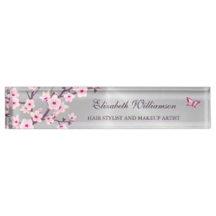 Floral Cherry Blossom roze grijze haar en Makeup Naambordje