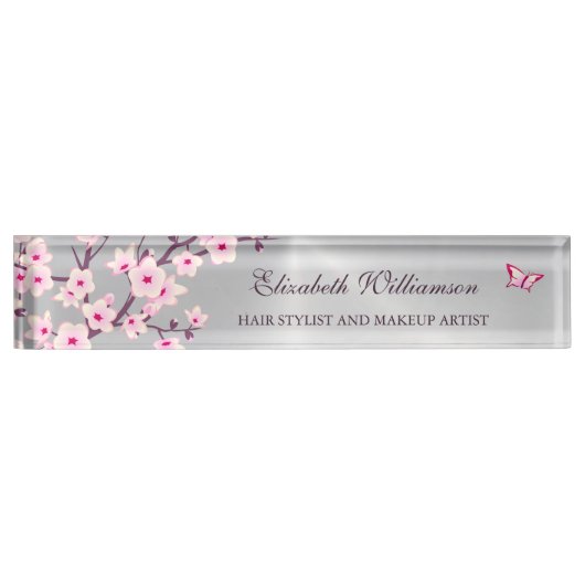Floral Cherry Blossom roze grijze haar en Makeup Naambordje (Voorkant)