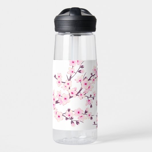 Floral Cherry Blossom | Roze witte monogram Waterfles (Voorkant)