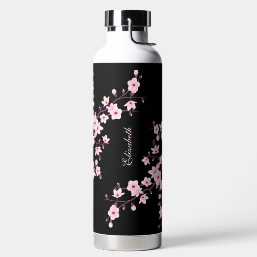 Floral Cherry Blossom | Roze zwart monogram Waterfles (Links)