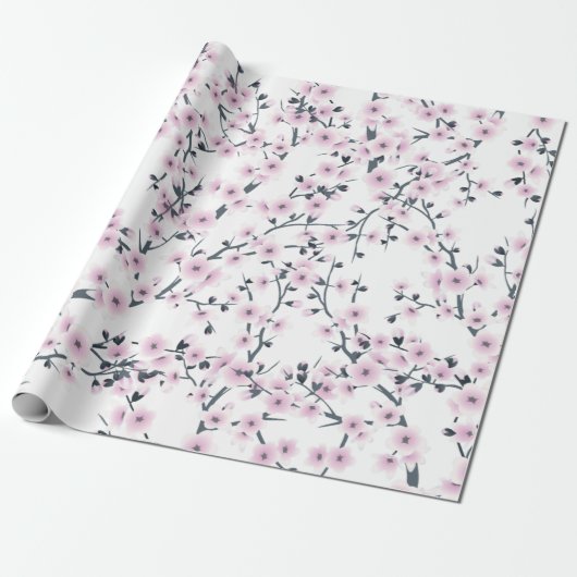 Floral Cherry Blossom Sakura Pink White Pattern Cadeaupapier (Uitgerold)
