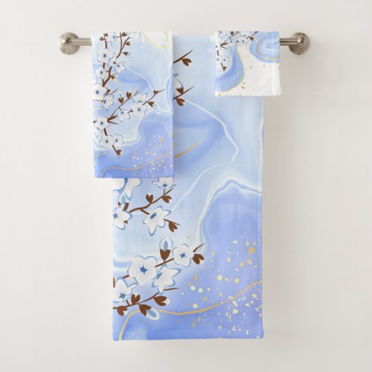Floral Cherry Blossom White Blue Ink Bad Handdoek (Insitu)