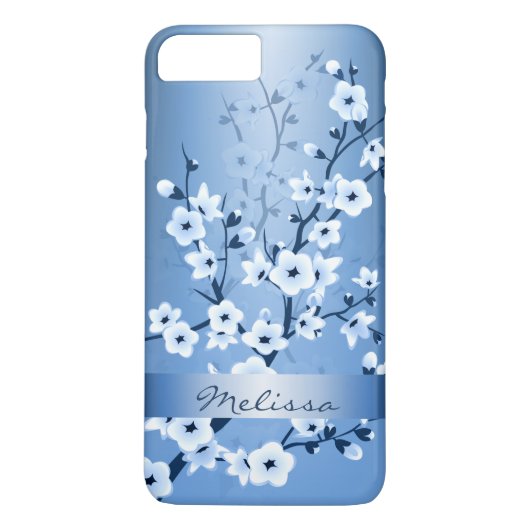 Floral Cherry Blossom White Blue Monogram Case-Mate iPhone Case (Achterkant)