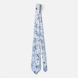 Floral Cherry Blossom White Blue Pattern Stropdas