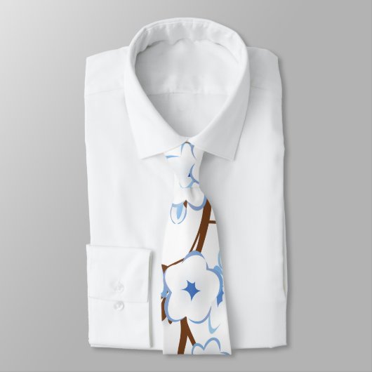 Floral Cherry Blossom White Blue Stropdas (Gebonden)