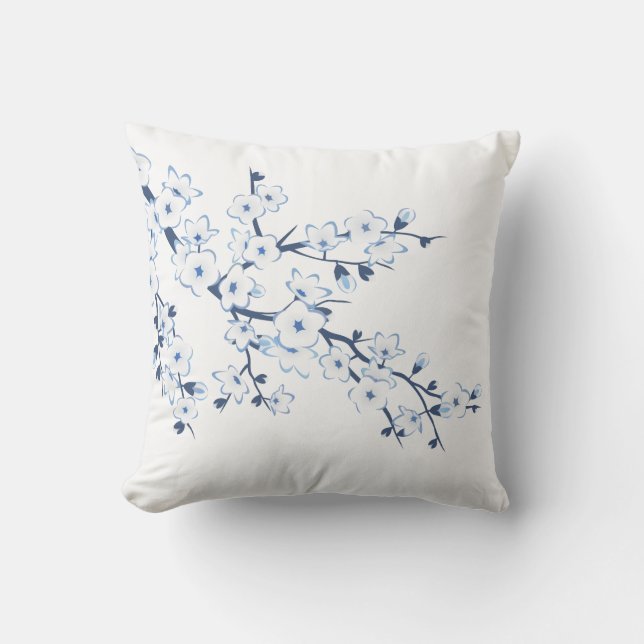Floral Cherry Blossoms Blue White Kussen (Voorkant)