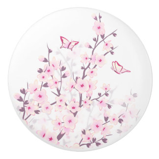 Floral Cherry Blossoms Butterflies Pink White Keramische Knop