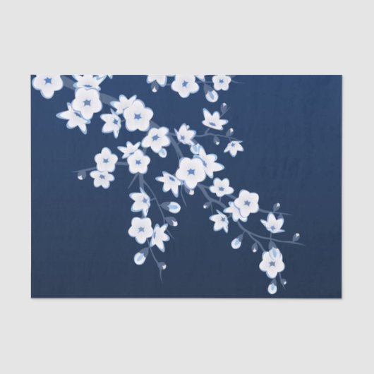 Floral Cherry Blossoms Dark Blue White Tissuepapier (Voorkant)