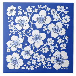 Floral Cherry Blossoms Patroon Blauw Tegeltje
