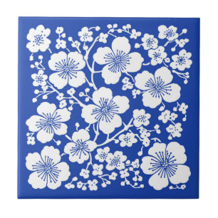 Floral Cherry Blossoms Patroon Blauw Tegeltje