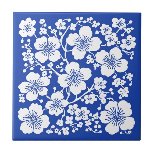 Floral Cherry Blossoms Patroon Blauw Tegeltje (Voorkant)