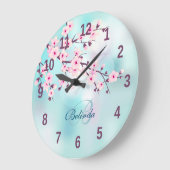 Floral Cherry Blossoms Pink Turquoise Voeg naam to Grote Klok (Hoek)