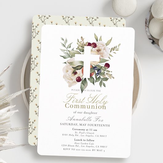 Floral Cherry Botanisch Meisje Eerste Heilige Comm Kaart