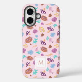 Floral Cheshire Cat Pattern Pink Monogram iPhone 16 Hoesje