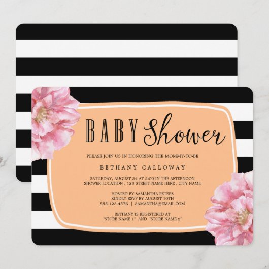 Floral Chic Baby shower Invitation / Peach Kaart (Voorkant / Achterkant)