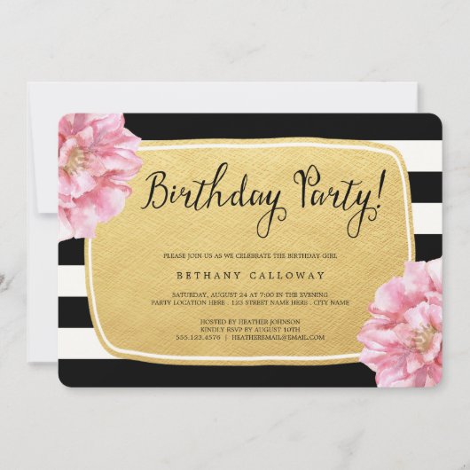 Floral Chic Birthday Invite / Faux Gold Foil Kaart (Voorkant)