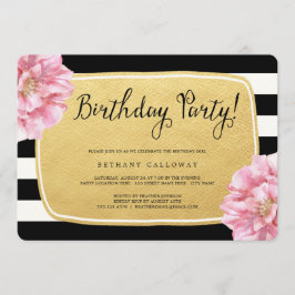 Floral Chic Birthday Invite / Faux Gold Foil Kaart