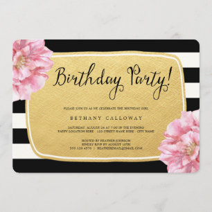 Floral Chic Birthday Invite / Faux Gold Foil Kaart