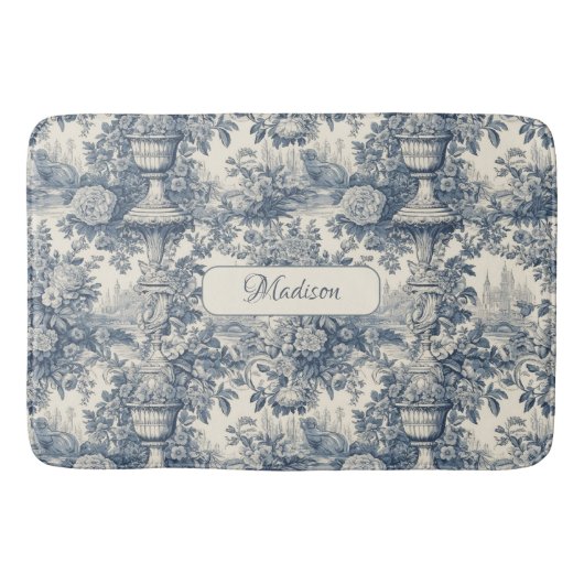  floral chic blauw toile de jouy monogram badmat (Voorkant)