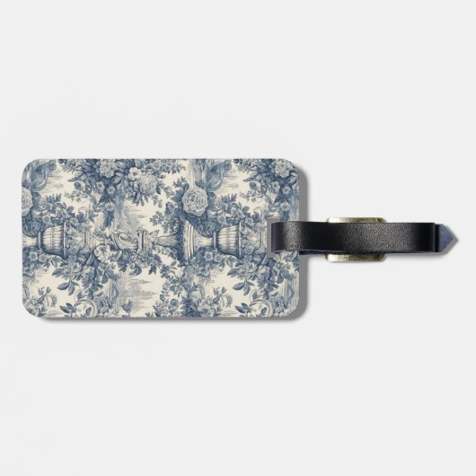  floral chic blauw toile de jouy monogram bagagelabel (Achterkant horizontaal)