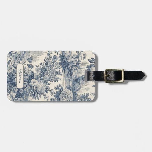  floral chic blauw toile de jouy monogram bagagelabel (Voorkant horizontaal)