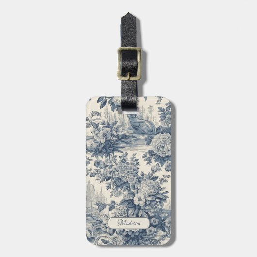  floral chic blauw toile de jouy monogram bagagelabel (Voorkant verticaal)