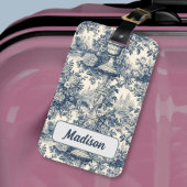  floral chic blauw toile de jouy monogram bagagelabel