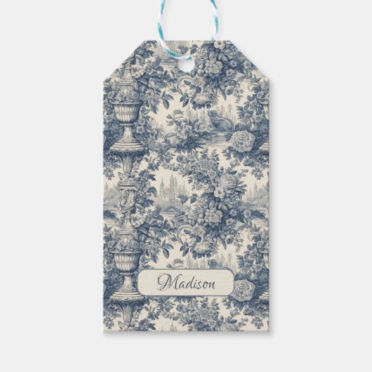  floral chic blauw toile de jouy monogram cadeaulabel (Voorkant)