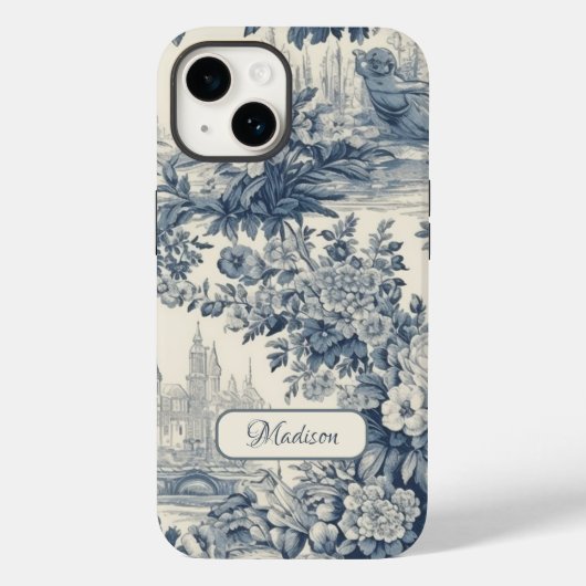  floral chic blauw toile de jouy monogram Case-Mate iPhone case (Achterkant)