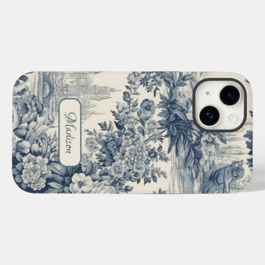 floral chic blauw toile de jouy monogram Case-Mate iPhone case (Achterkant (horizontaal))