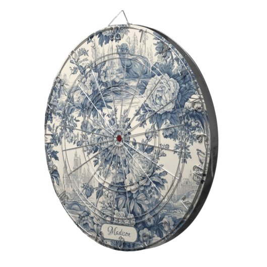  floral chic blauw toile de jouy monogram dartbord (Voorkant Rechts)