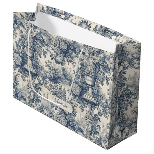  floral chic blauw toile de jouy monogram groot cadeauzakje (Voorkant Gekanteld)