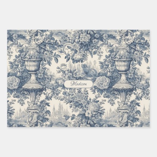 floral chic blauw toile de jouy monogram inpakpapier vel (Voorkant)