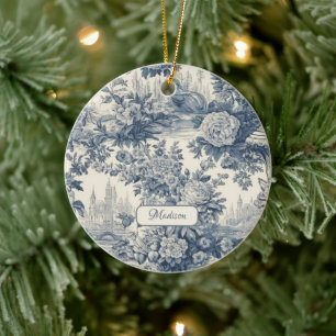 floral chic blauw toile de jouy monogram keramisch ornament