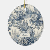  floral chic blauw toile de jouy monogram keramisch ornament (Links)