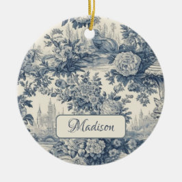  floral chic blauw toile de jouy monogram keramisch ornament