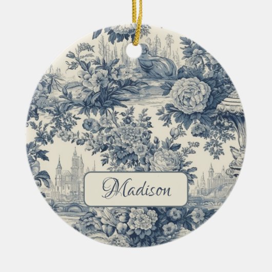  floral chic blauw toile de jouy monogram keramisch ornament (Voorkant)