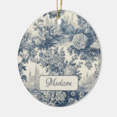  floral chic blauw toile de jouy monogram keramisch ornament (Links)