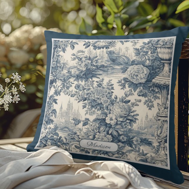  floral chic blauw toile de jouy monogram kussen (Creator heeft geüpload)
