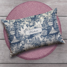 floral chic blauw toile de jouy monogram kussen
