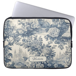  floral chic blauw toile de jouy monogram laptop sleeve