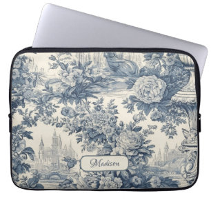 floral chic blauw toile de jouy monogram laptop sleeve