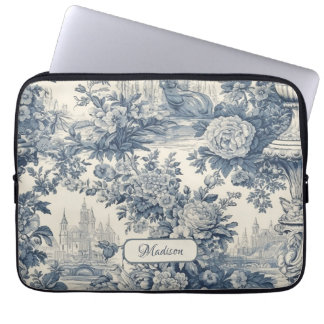  floral chic blauw toile de jouy monogram laptop sleeve