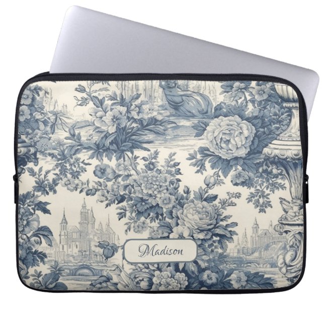  floral chic blauw toile de jouy monogram laptop sleeve (Voorkant)