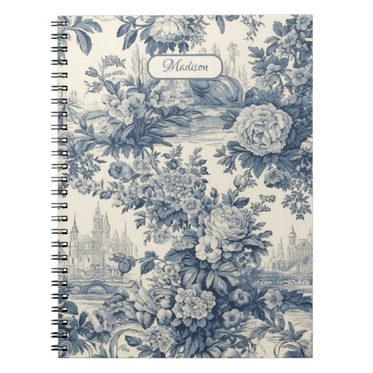 floral chic blauw toile de jouy monogram notitieboek (Voorkant)