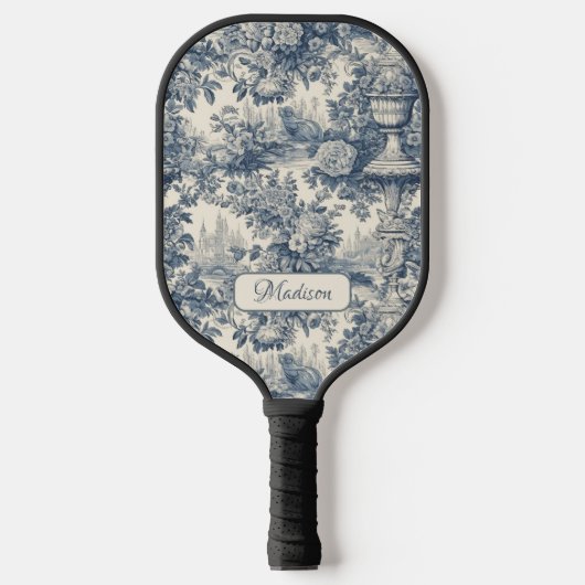 floral chic blauw toile de jouy monogram pickleball paddle (Voorkant)