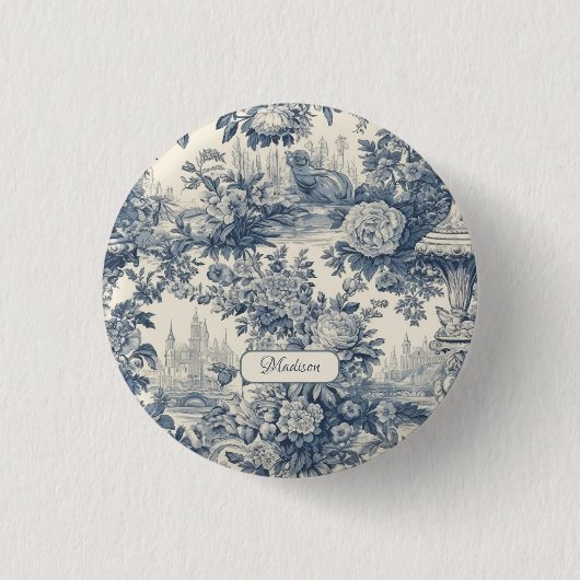floral chic blauw toile de jouy monogram ronde button 3,2 cm (Voorkant)