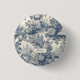  floral chic blauw toile de jouy monogram ronde button 3,2 cm